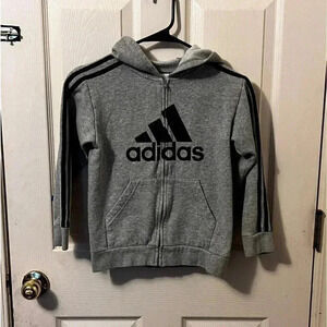 Adidas gray 3-stripe full zip hoodie boys Size 7 Small White Spot On Back